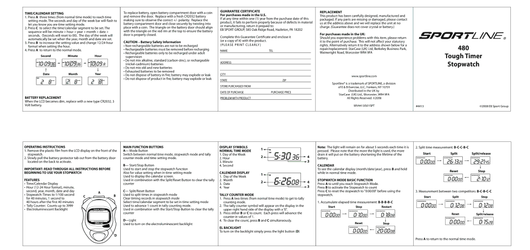 Sportline 480 manual TIME/CALENDAR Setting, Guarantee Certificate, Battery Replacement, Operating Instructions 