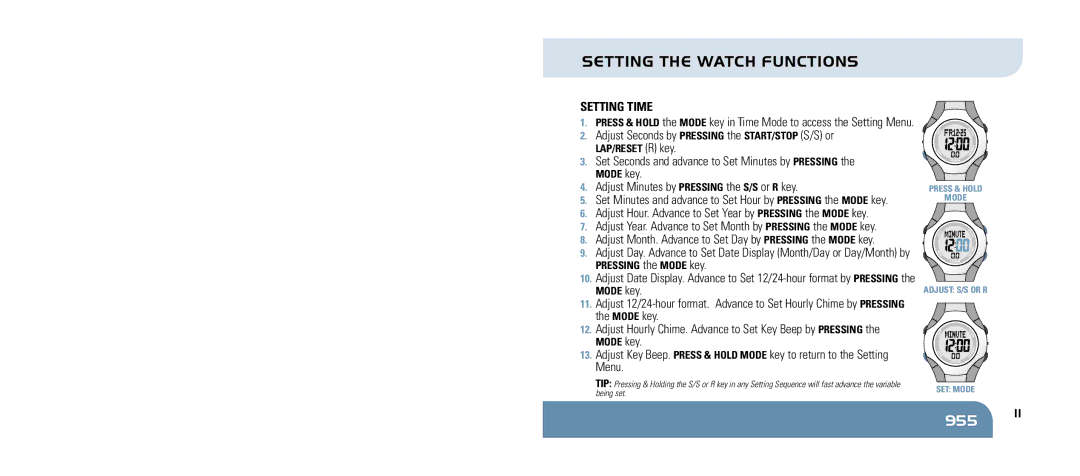 Sportline 955 manual Setting the watch functions, SettIng tIme 