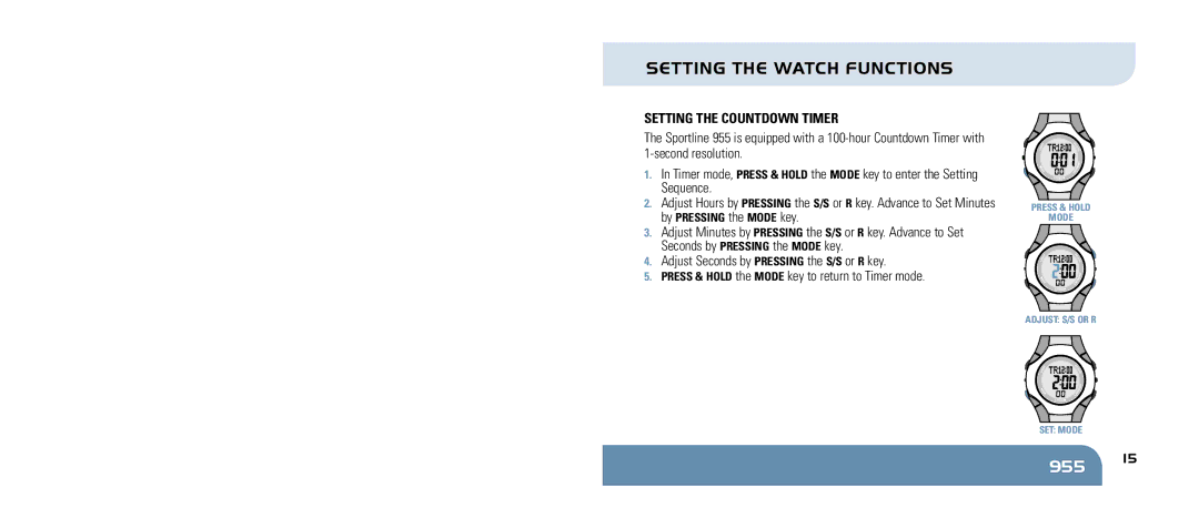 Sportline 955 manual Setting the countdown timer 