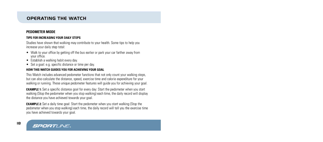 Sportline 955 manual Pedometer mode, How tHIs watcH guIdes you For acHIevIng your goal 