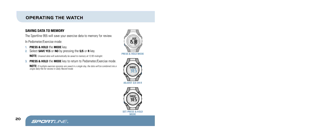 Sportline 955 manual SavIng data to memory 