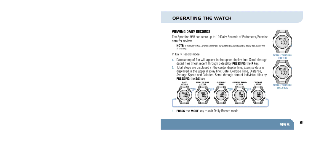 Sportline 955 manual VIewIng daIly records, PressIng the s/s key 