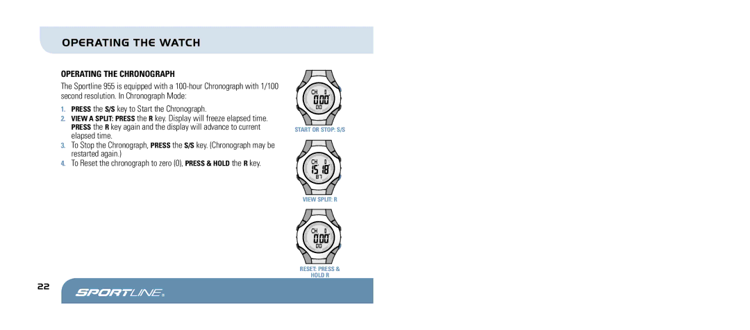 Sportline 955 manual Operating the chronograph 