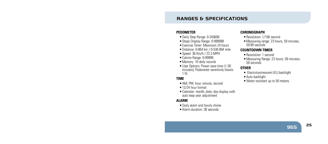 Sportline 955 manual Ranges & specifications, Pedometer, TIme, Alarm, Countdown Timer 