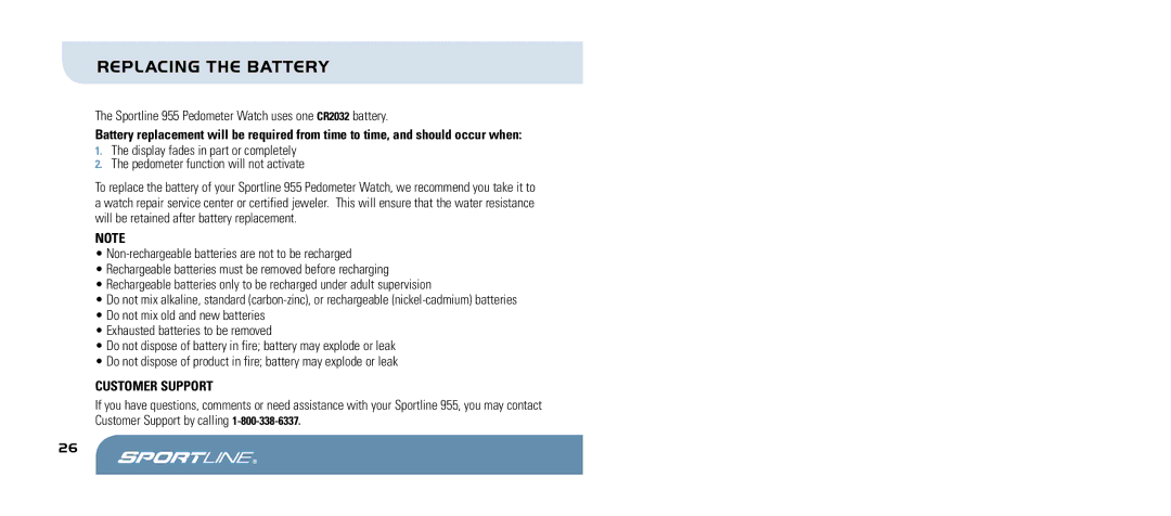 Sportline 955 manual Replacing the battery, Customer support 