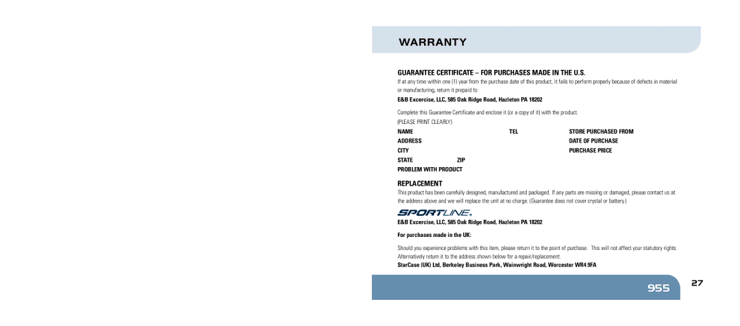 Sportline 955 manual Warranty, Guarantee Certificate For purchases made in the U.S 