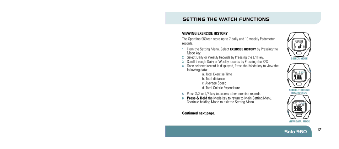 Sportline 960 manual Viewing Exercise History, Next 