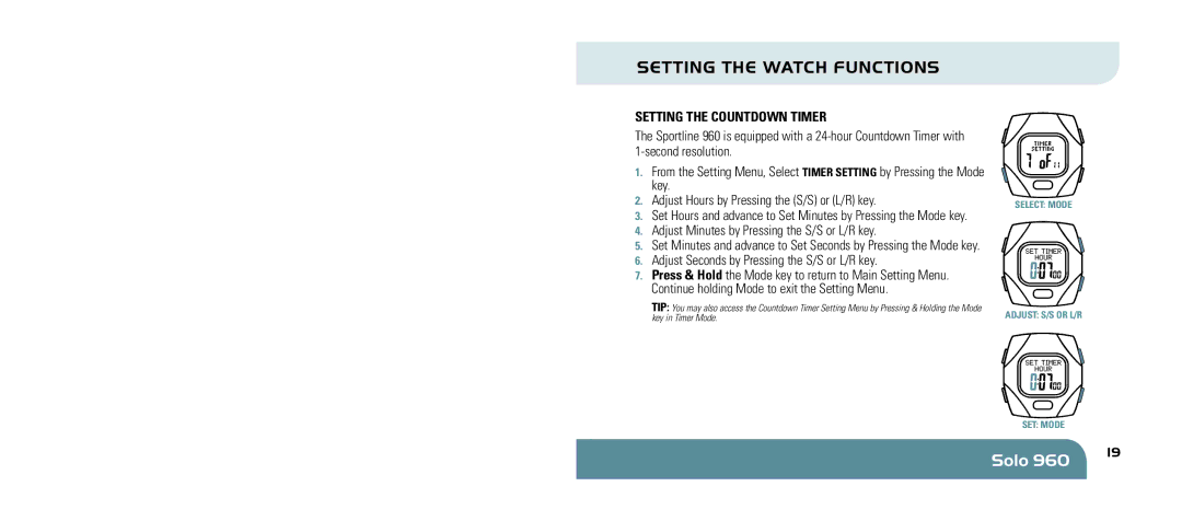 Sportline 960 manual Setting the Countdown Timer, Adjust Seconds by Pressing the S/S or L/R key 