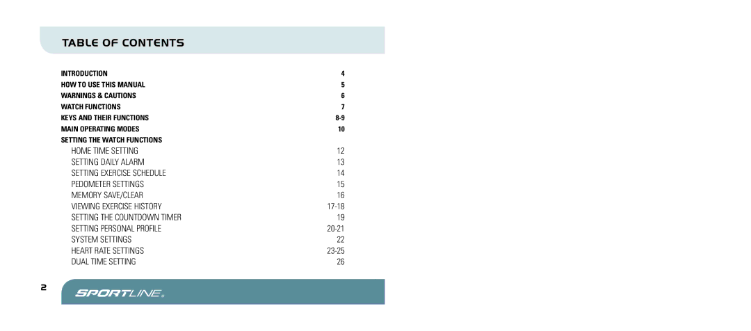 Sportline 960 manual Table of contents 