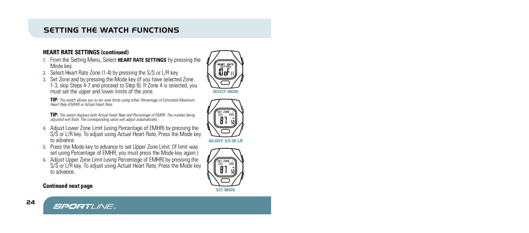 Sportline 960 manual Select Mode Adjust S/S or L/R Set Mode 