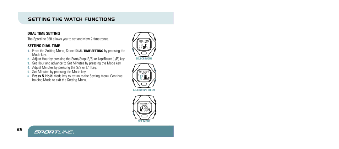 Sportline 960 manual Dual Time Setting, Setting Dual Time 