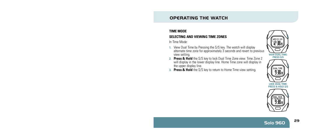 Sportline 960 manual Time Mode Selecting and viewing Time Zones 