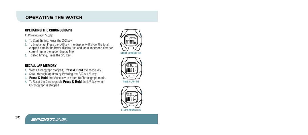 Sportline 960 manual Operating the Chronograph, Recall Lap Memory 