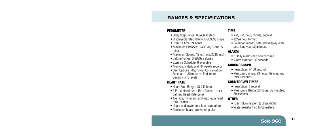 Sportline 960 manual Ranges & specifications, Heart Rate, Alarm, Countdown Timer 