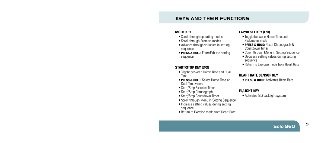 Sportline 960 manual Mode Key, Start/Stop Key S/S, Lap/Reset Key L/R, Heart Rate Sensor Key, EL/light Key 