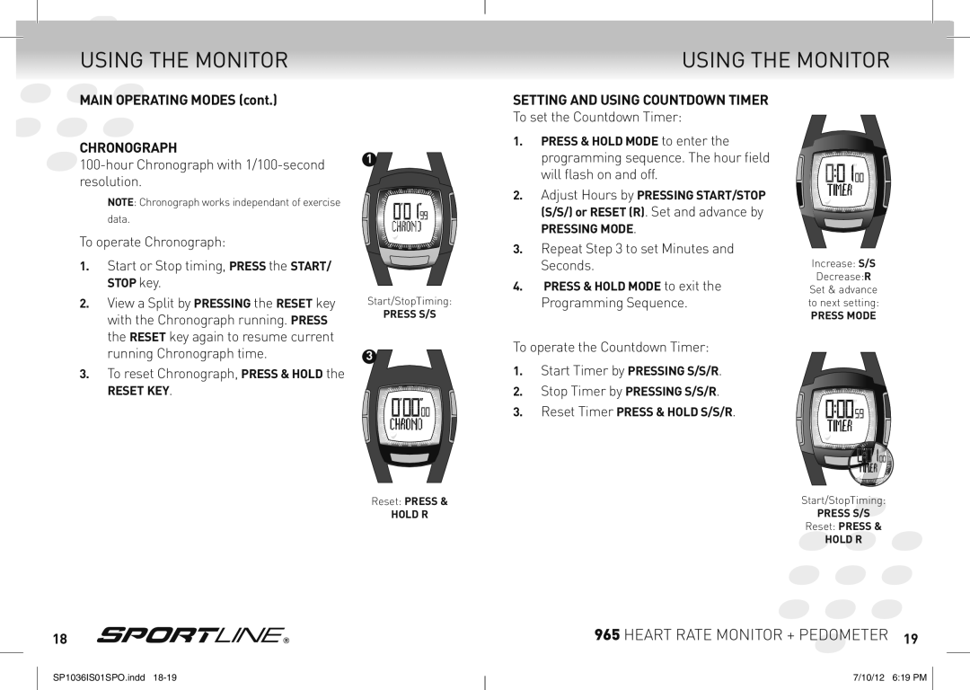 Sportline 965 manual Main Operating Modes, Hour Chronograph with 1/100-second resolution, To operate Chronograph 