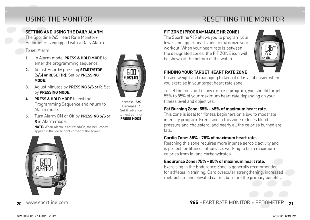 Sportline 965 Resetting the Monitor, Finding Your Target Heart Rate Zone, Fat Burning Zone 55% 65% of maximum heart rate 