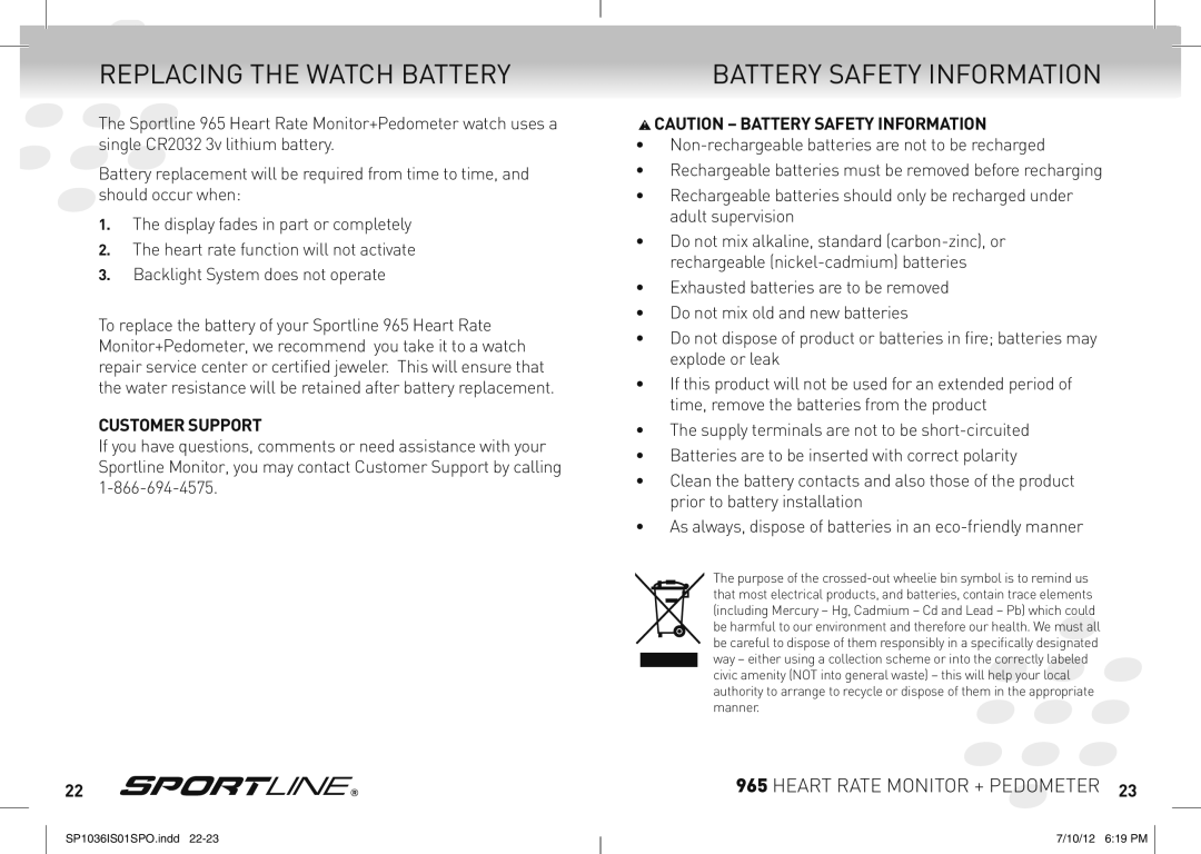 Sportline 965 manual Replacing the Watch Battery, Battery Safety Information 