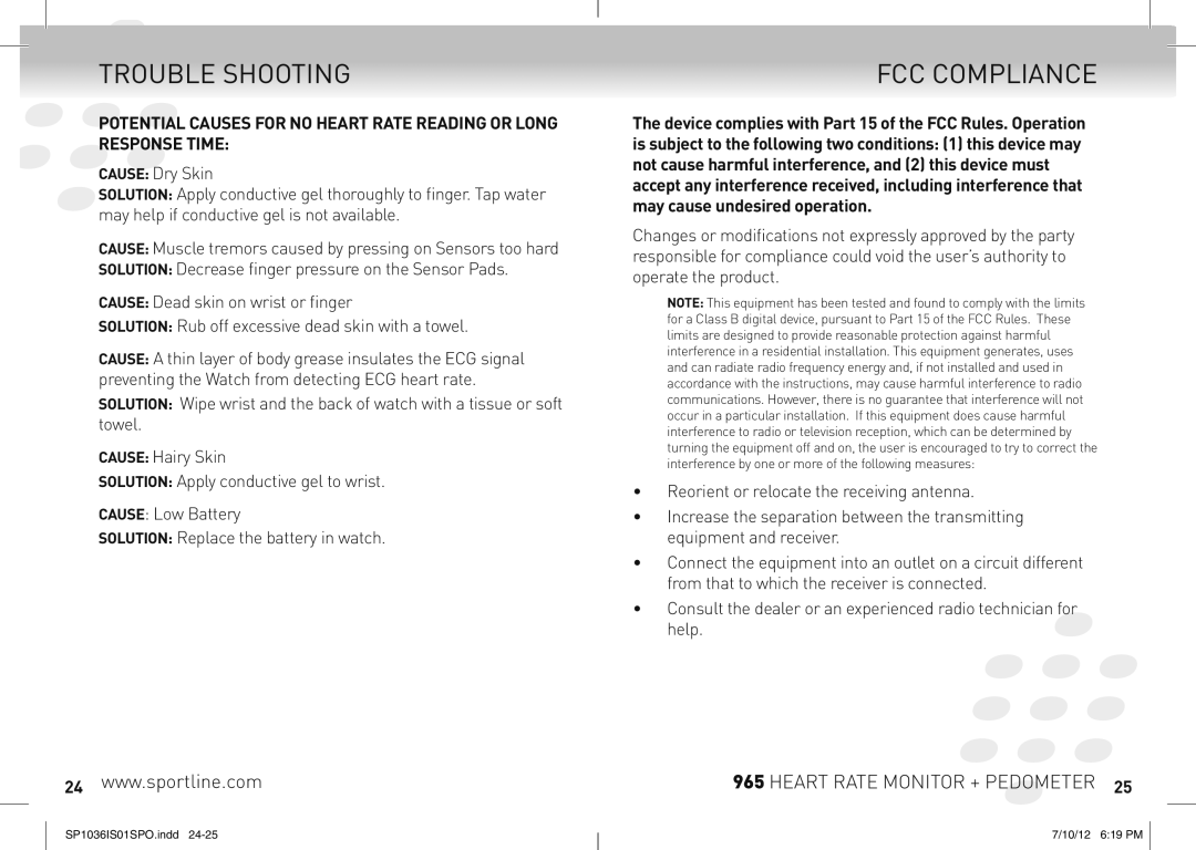 Sportline 965 manual Trouble Shooting, FCC Compliance 