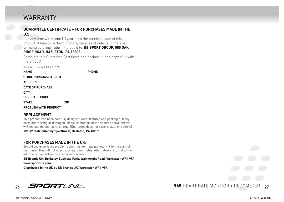 Sportline 965 Warranty, Guarantee Certificate for Purchases Made in the U.S, Replacement, For Purchases Made in the UK 