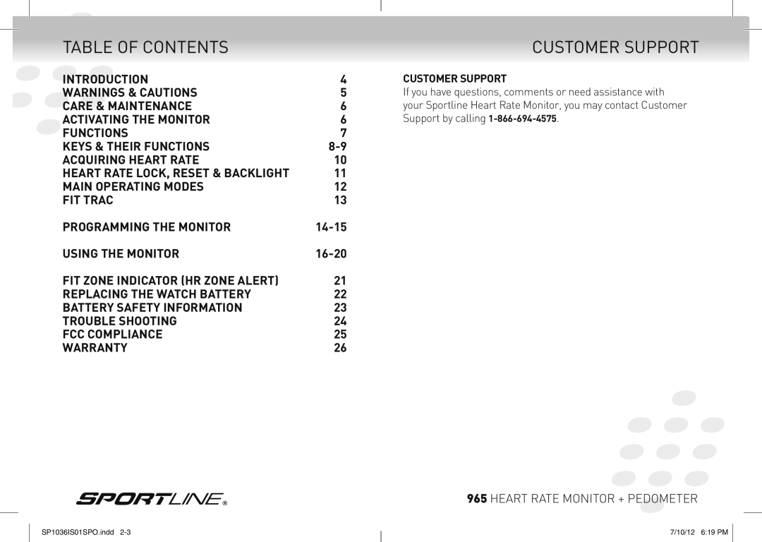 Sportline 965 manual Table of Contents, Customer Support 