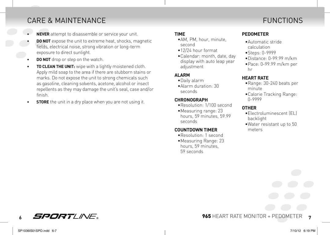 Sportline 965 manual Care & Maintenance, Functions 