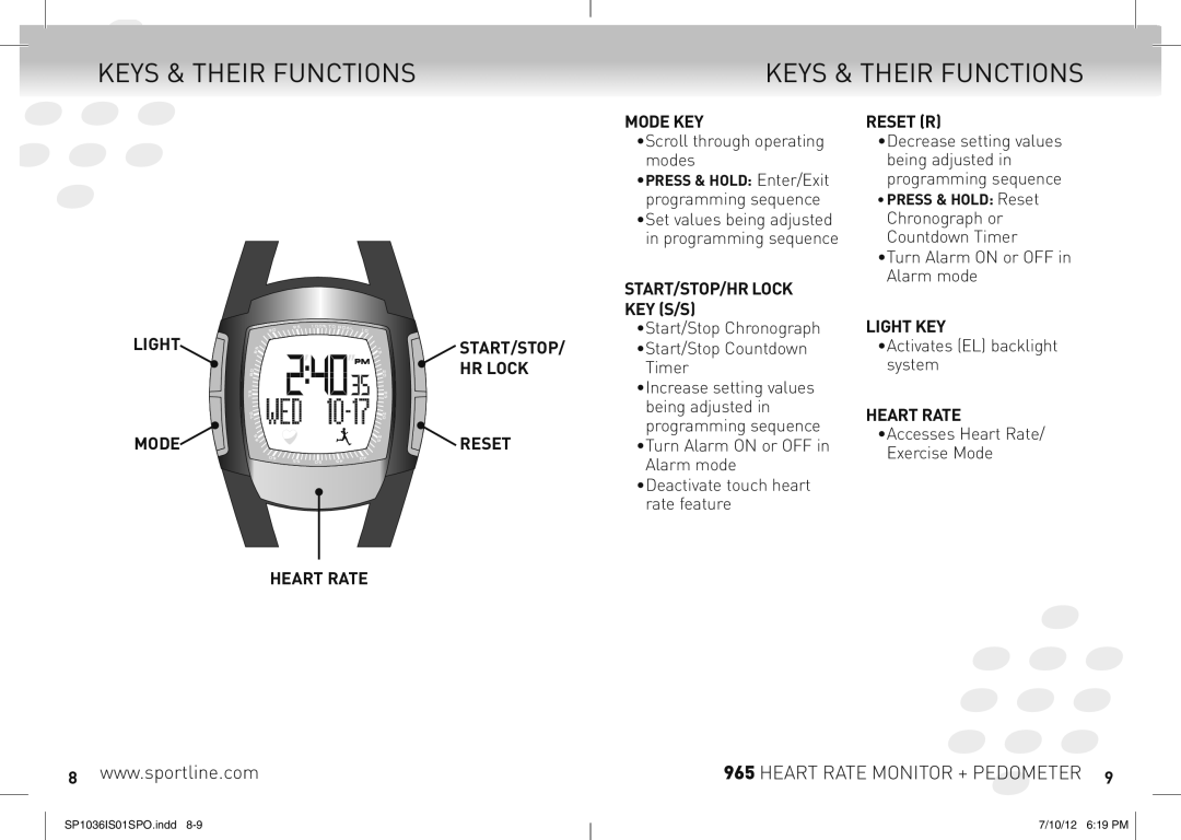 Sportline 965 manual Keys & Their Functions 