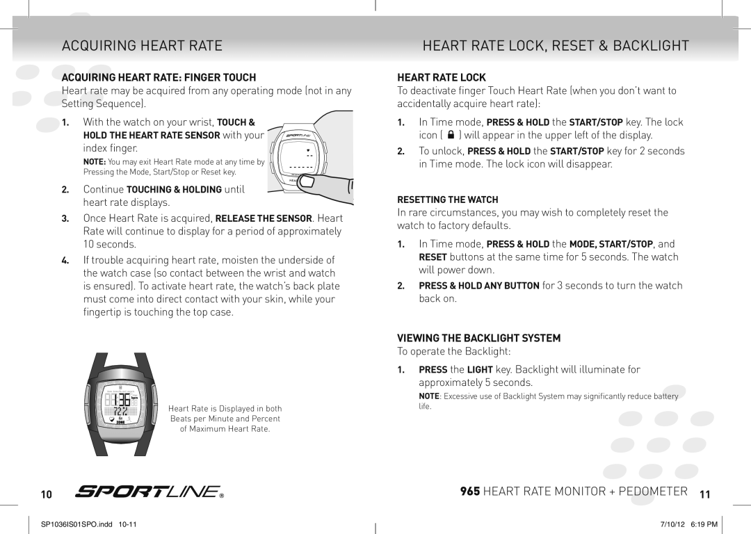 Sportline 965 manual Acquiring Heart Rate Finger Touch, Heart Rate Lock, Viewing the Backlight System 