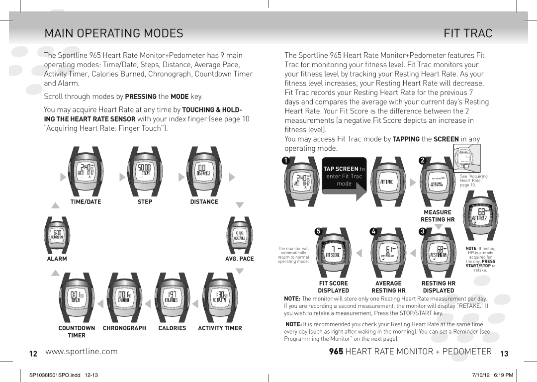 Sportline 965 manual Main Operating Modes, FIT Trac 