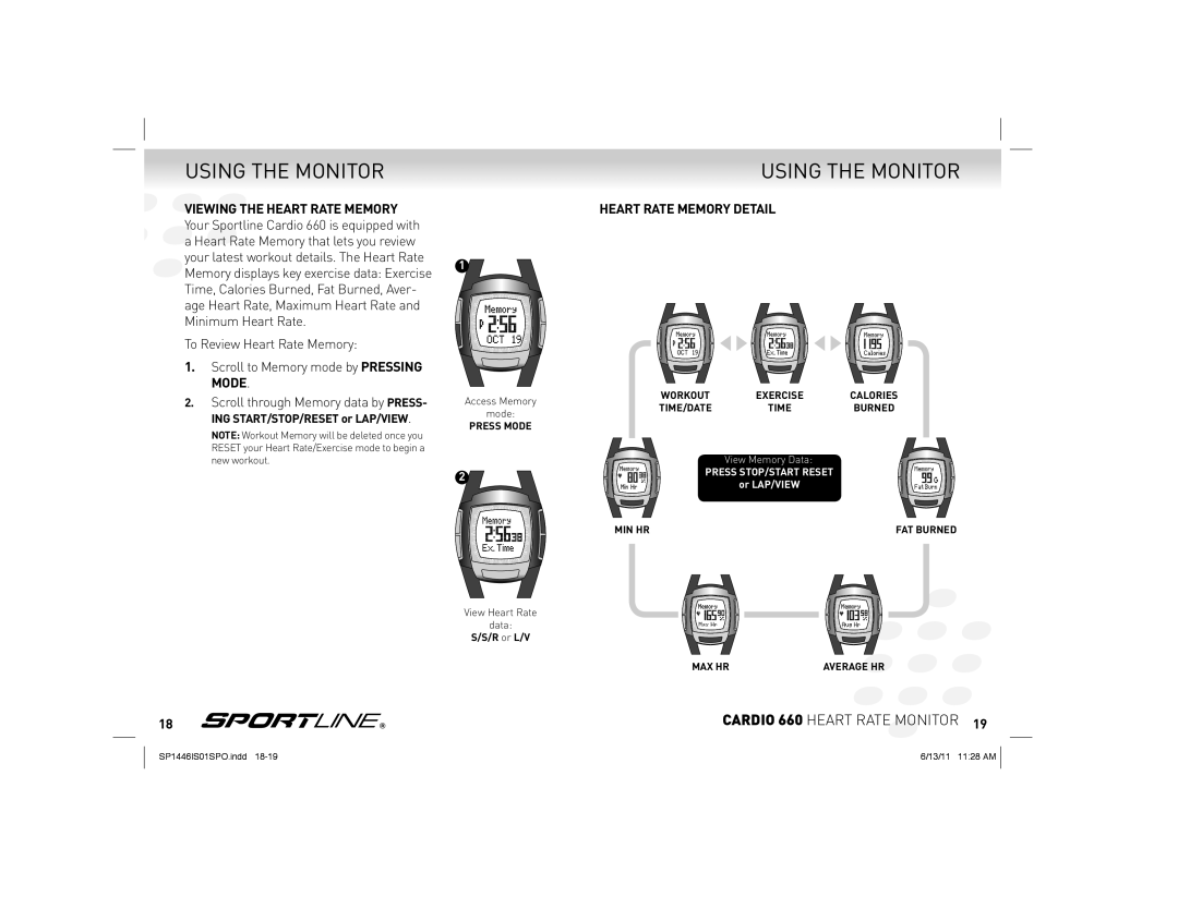 Sportline Cardio 660 manual Heart Rate Memory Detail, ING START/STOP/RESET or LAP/VIEW 