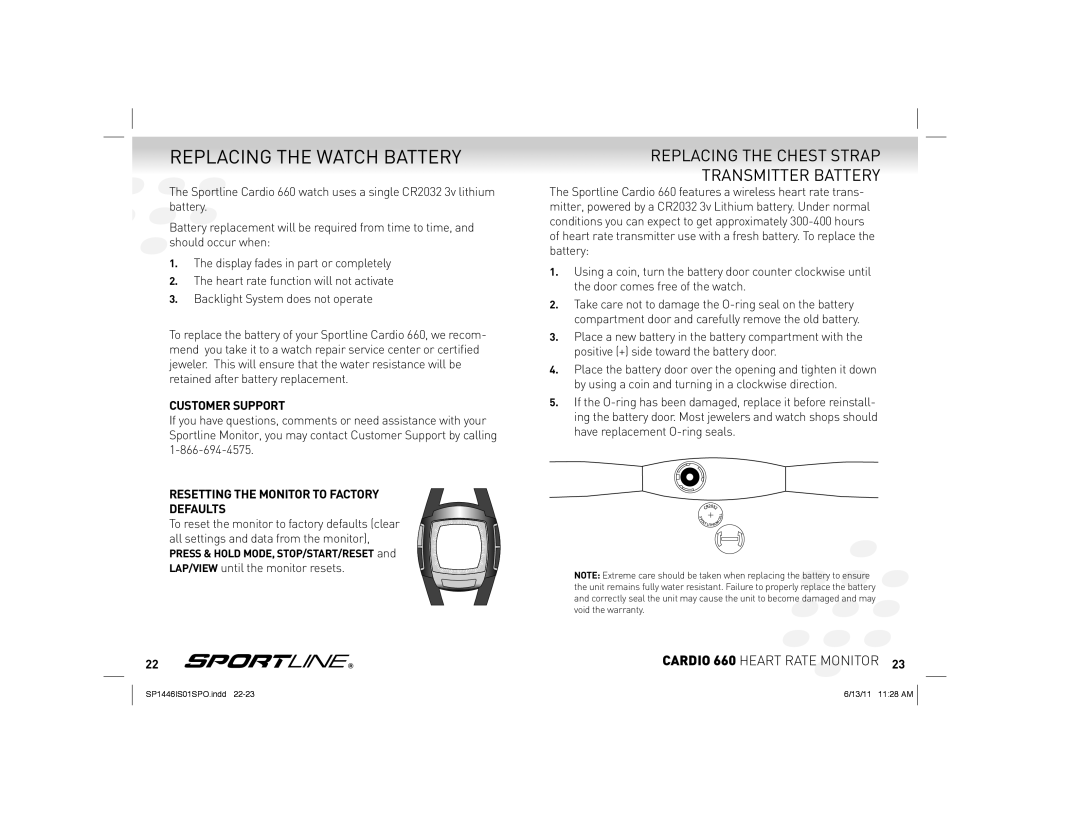 Sportline Cardio 660 manual Replacing the Watch Battery, Resetting the Monitor to Factory Defaults 