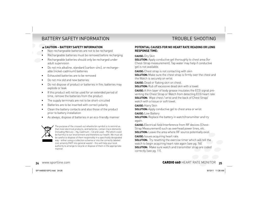 Sportline Cardio 660 manual Battery Safety Information, Trouble Shooting 