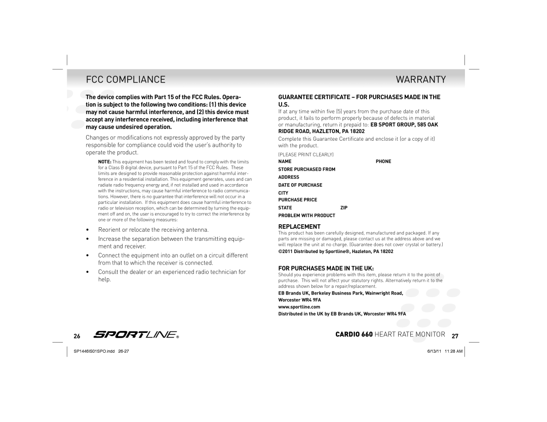 Sportline Cardio 660 manual FCC Compliance, Warranty, Guarantee Certificate for Purchases Made in the U.S, Replacement 