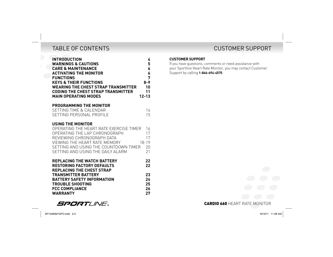 Sportline Cardio 660 manual Table of Contents, Customer Support 