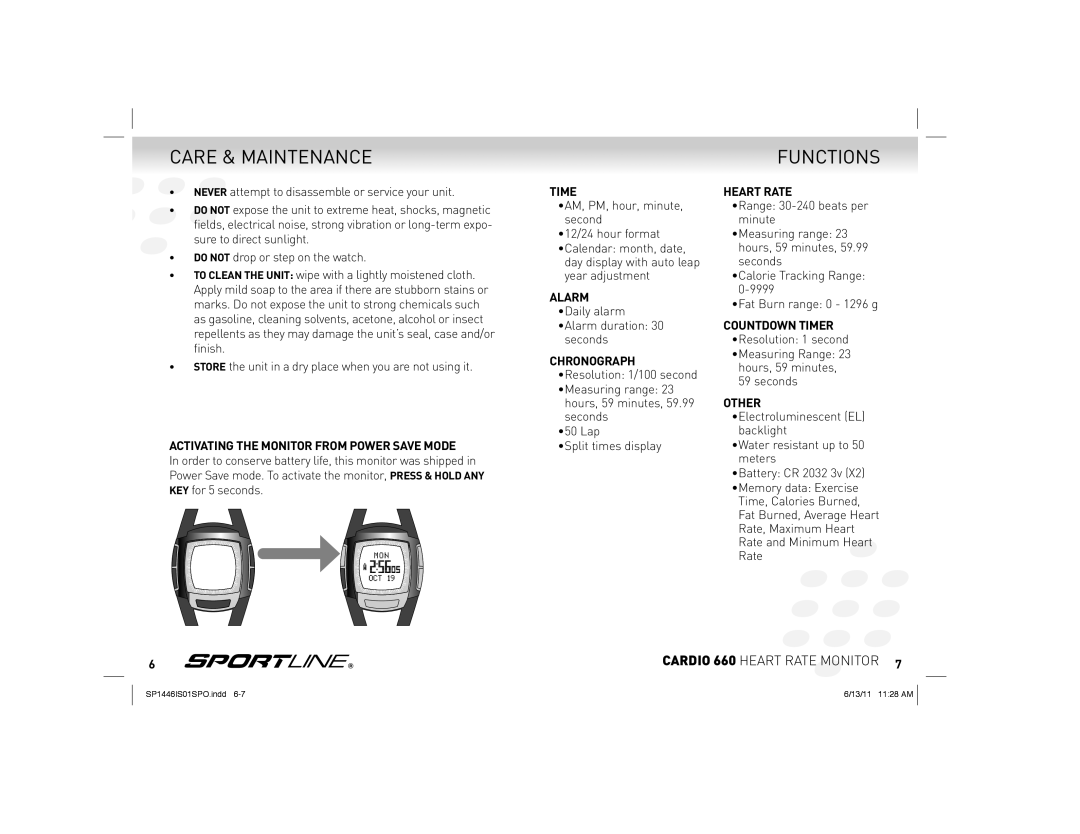 Sportline Cardio 660 manual Care & Maintenance, Functions 