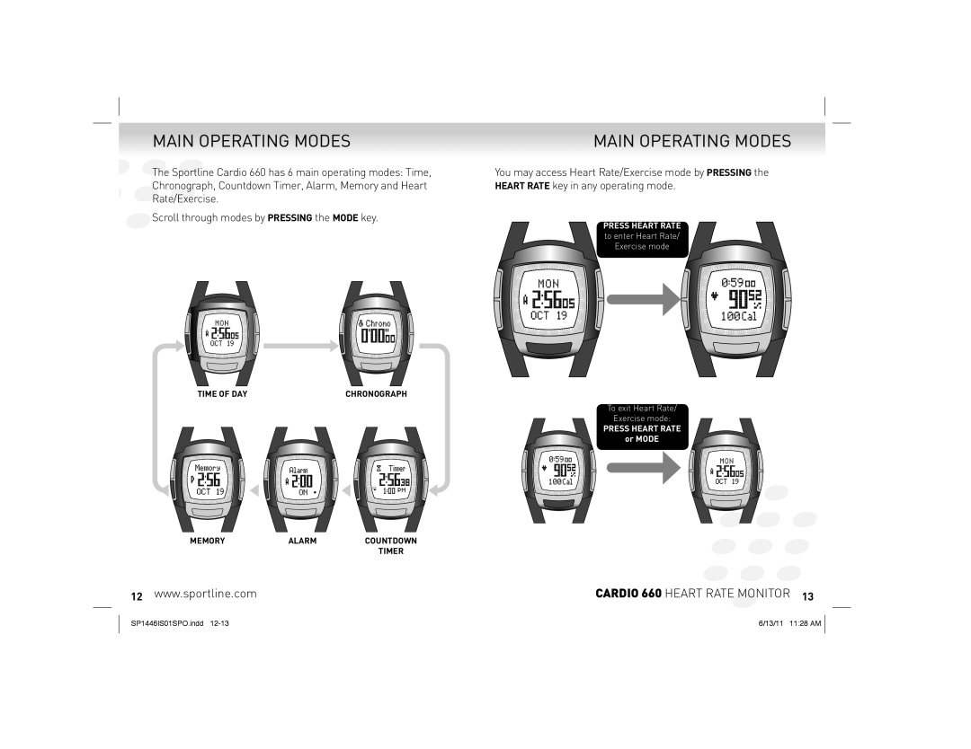 Sportline Cardio 660 manual Main Operating Modes 