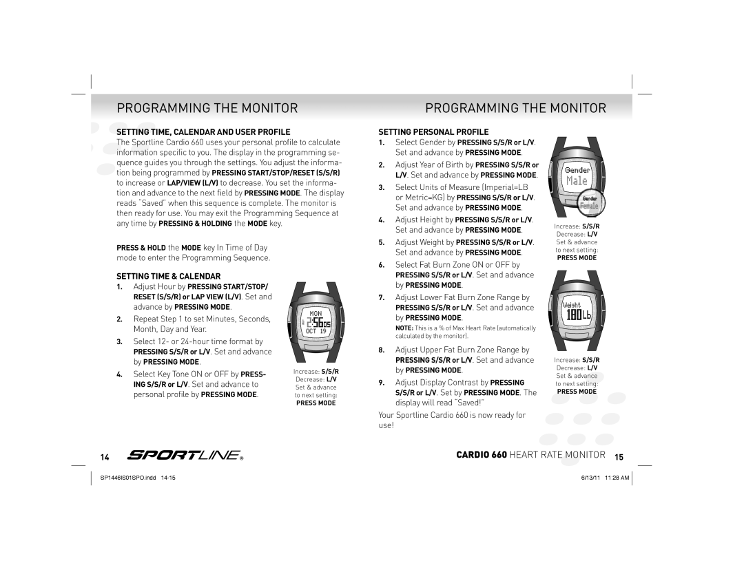 Sportline Cardio 660 manual Programming the Monitor, Setting TIME, Calendar and User Profile, Setting Personal Profile 