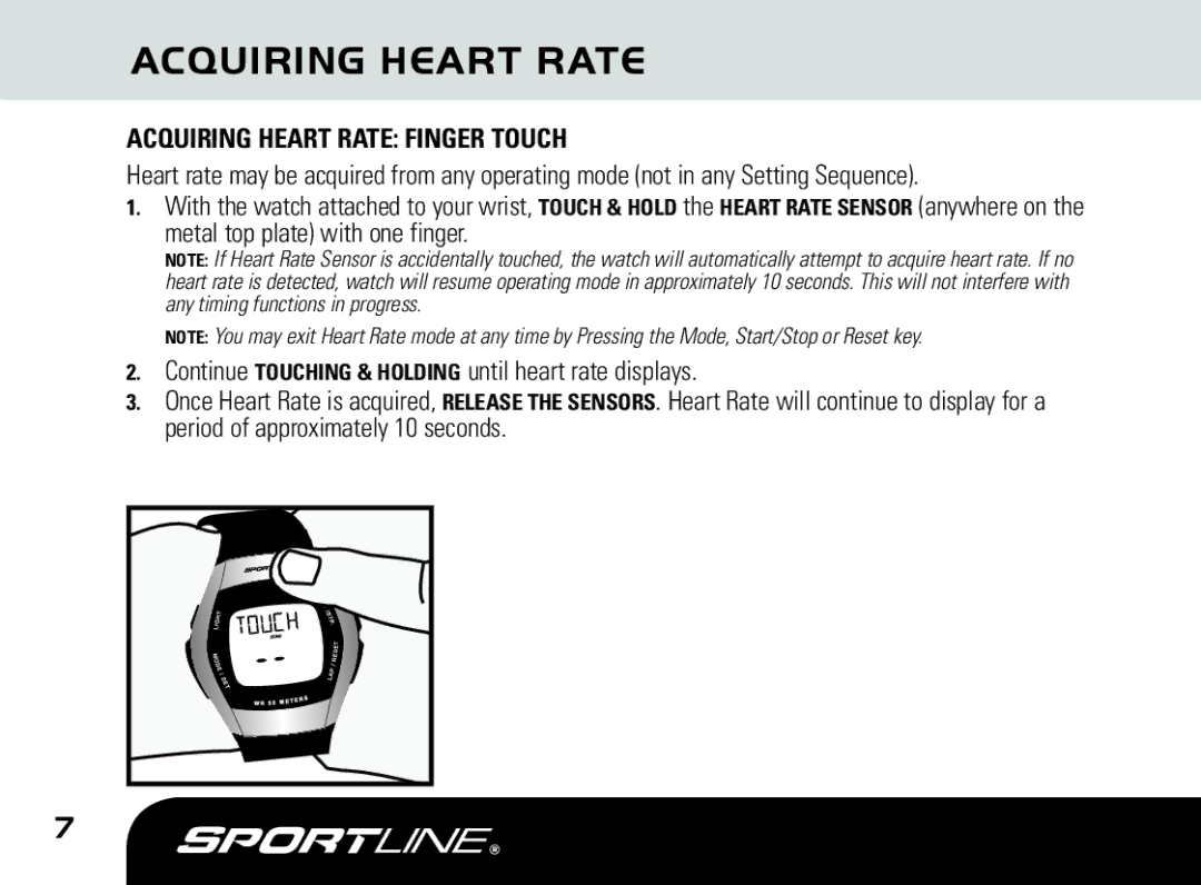 Sportline DUO 1010 manual Acquiring Heart Rate Finger Touch 