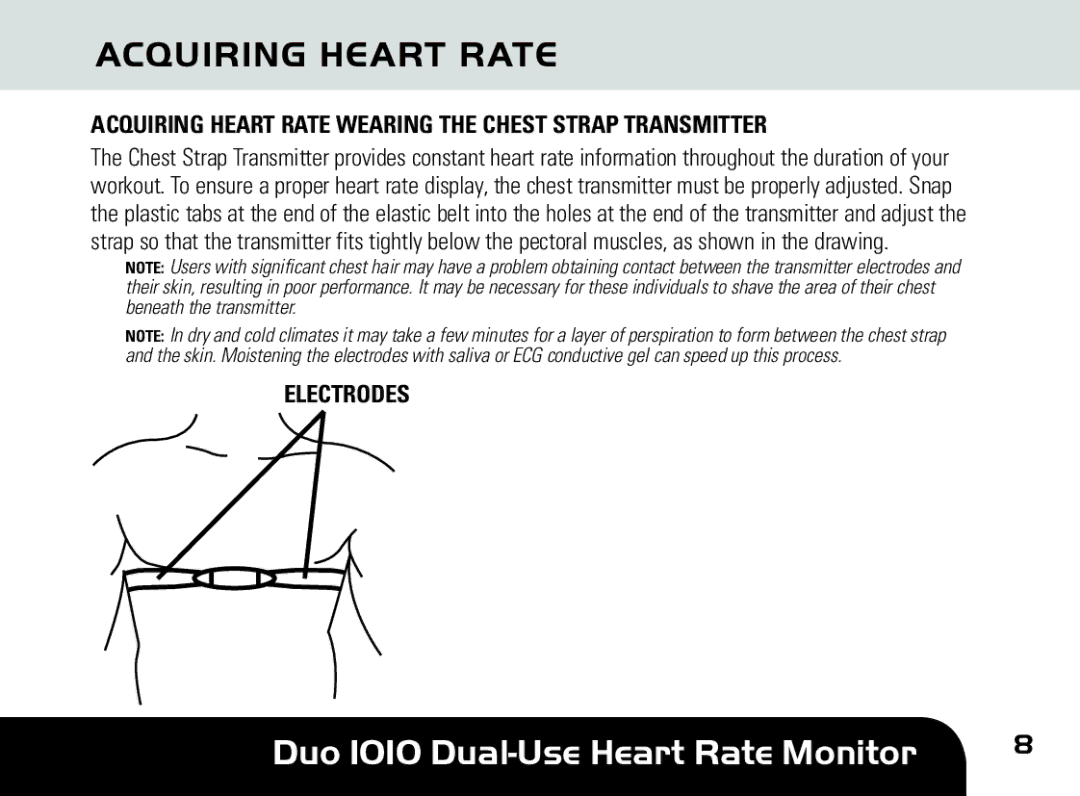 Sportline DUO 1010 manual Acquiring Heart Rate Wearing the Chest Strap Transmitter, Electrodes 