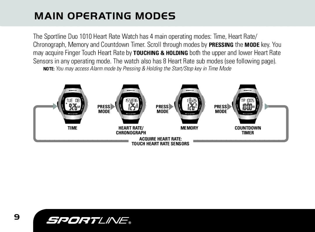 Sportline DUO 1010 manual Main Operating Modes 