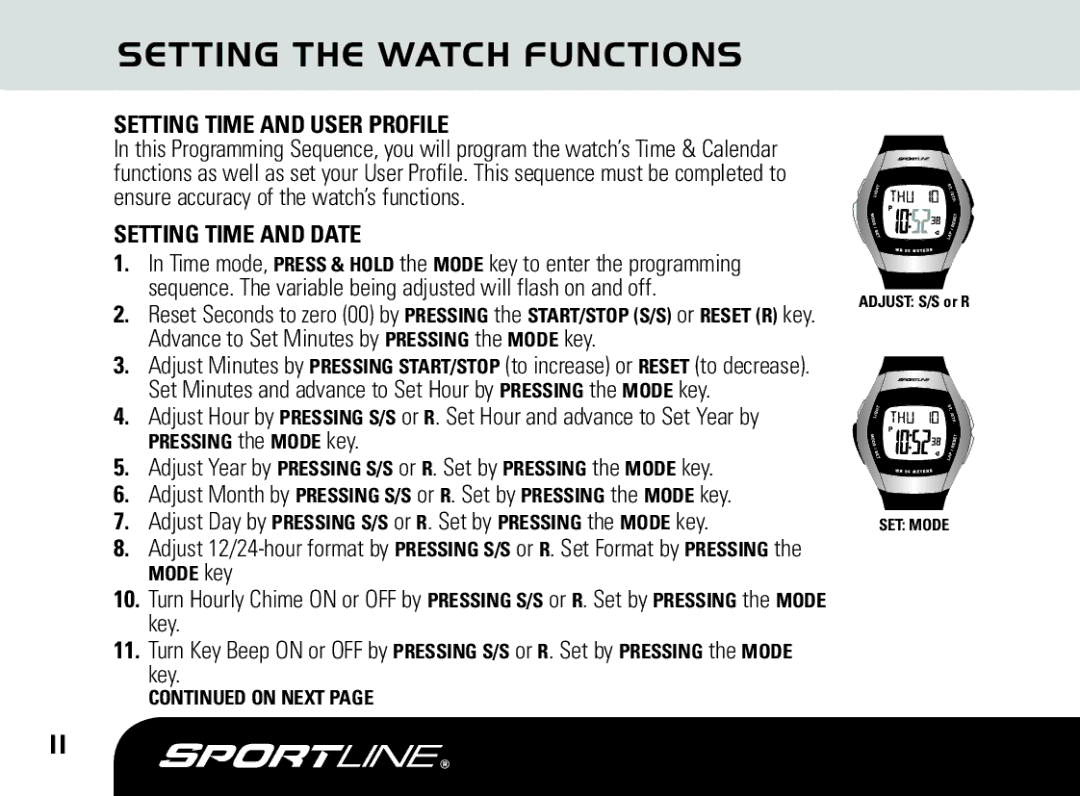 Sportline DUO 1010 manual Setting the Watch Functions, Setting Time and User Profile, Setting Time and Date 