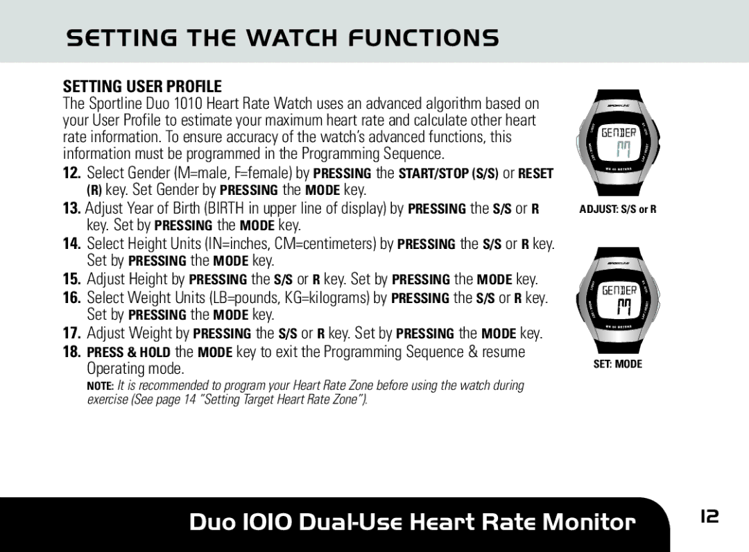 Sportline DUO 1010 manual Setting User Profile, Key. Set Gender by Pressing the Mode key 