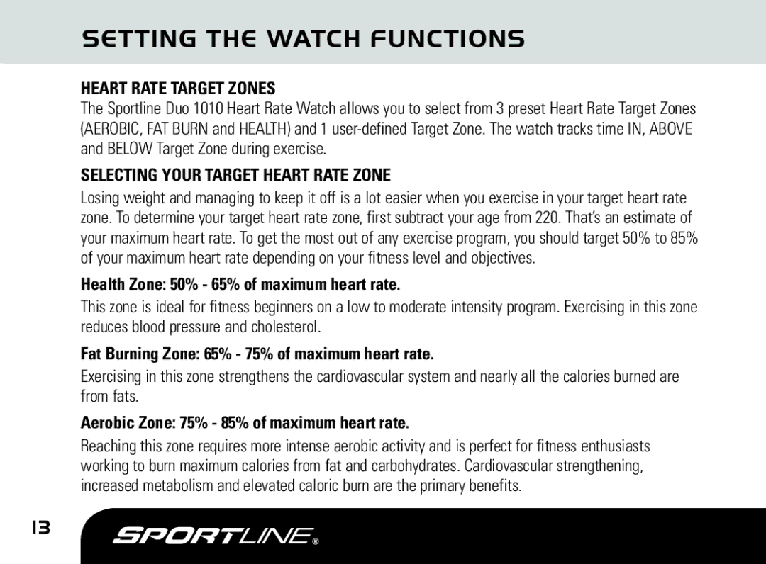 Sportline DUO 1010 manual Heart Rate Target Zones, Selecting Your Target Heart Rate Zone 