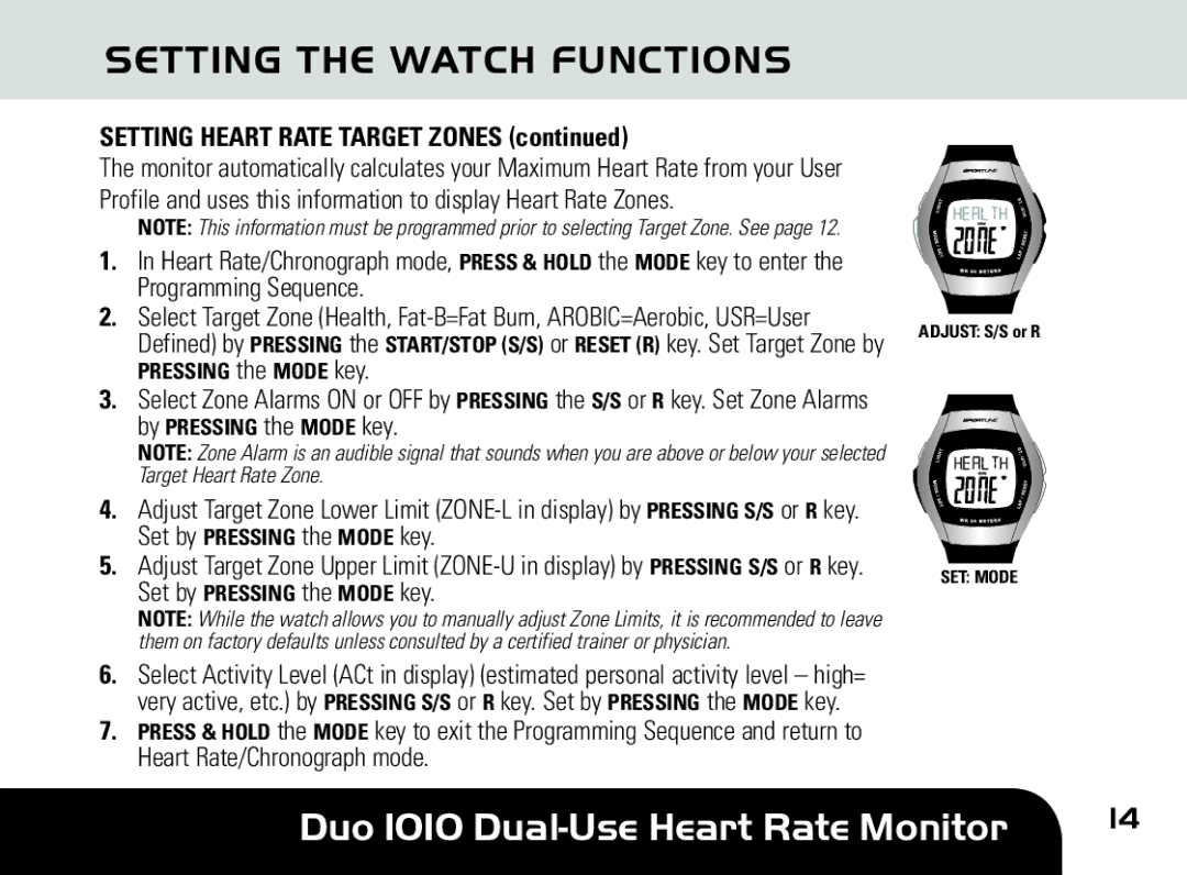 Sportline DUO 1010 manual Setting Heart Rate Target Zones 