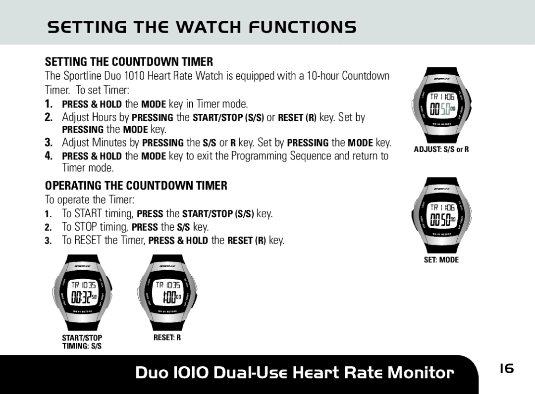 Sportline DUO 1010 manual Setting the Countdown Timer, Operating the Countdown Timer 