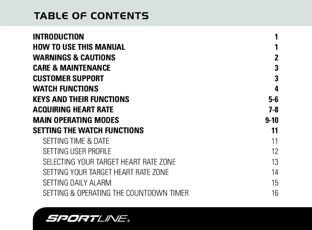 Sportline DUO 1010 manual Table of Contents 