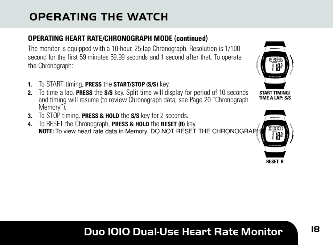 Sportline DUO 1010 manual Operating Heart RATE/CHRONOGRAPH Mode 