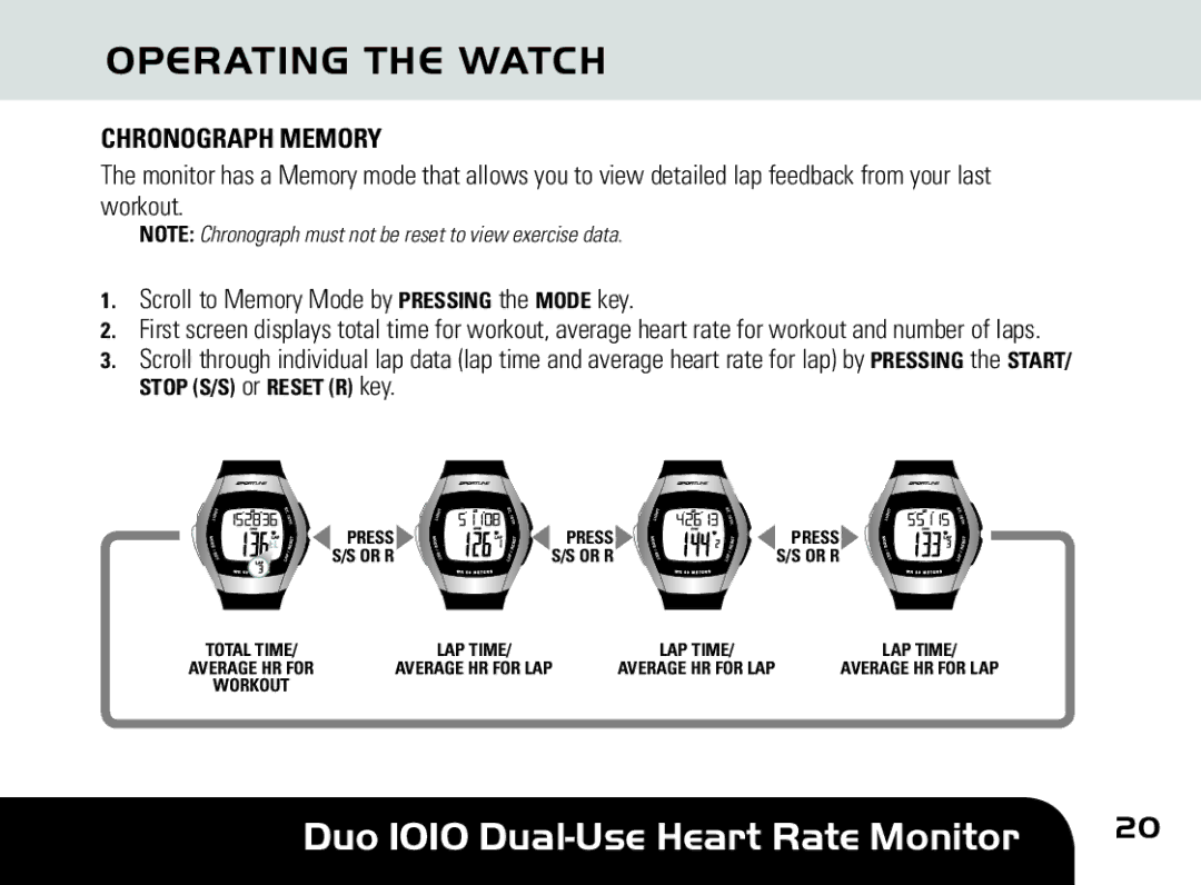 Sportline DUO 1010 manual Chronograph Memory 