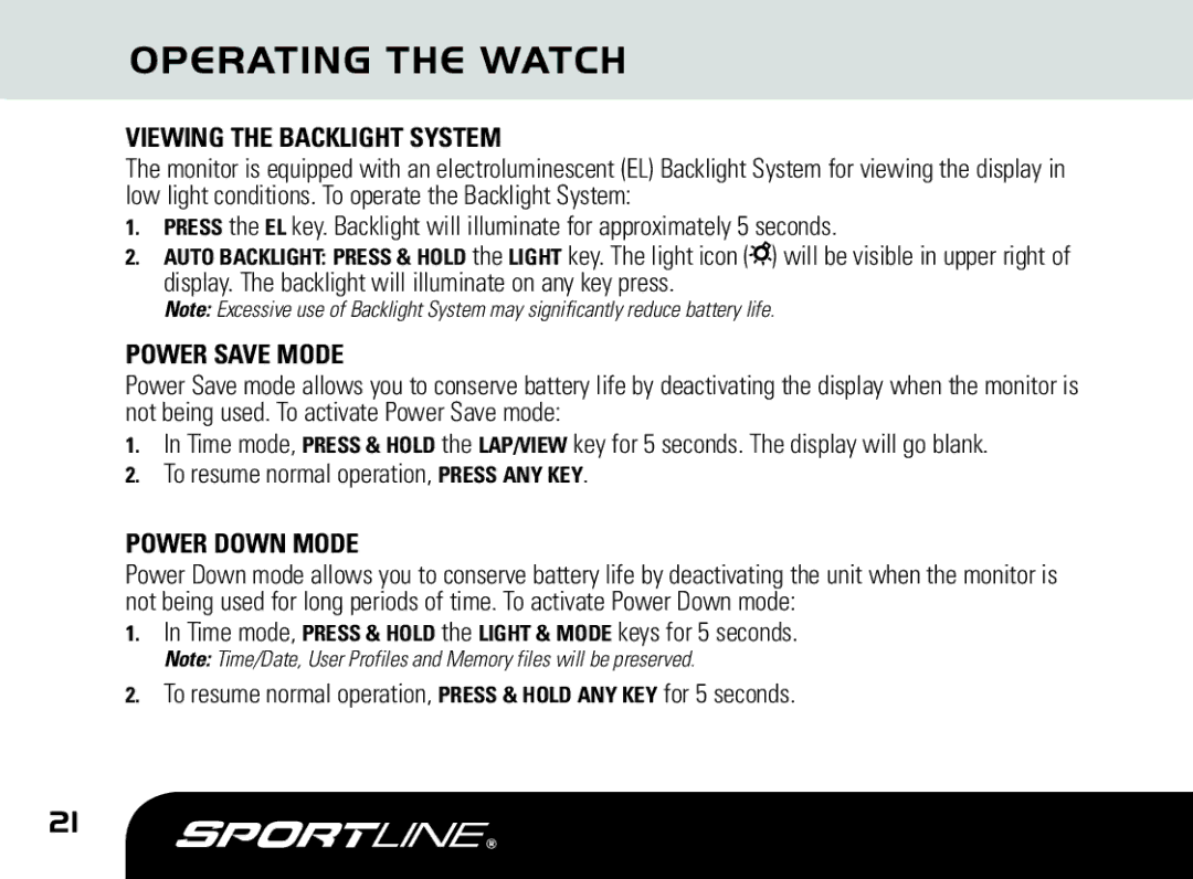 Sportline DUO 1010 manual Viewing the Backlight System, Power Save Mode, Power Down Mode 