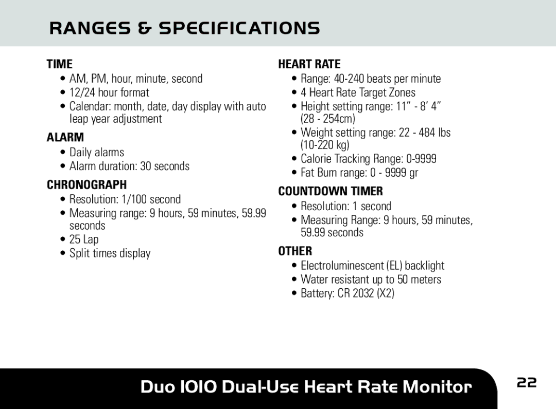 Sportline DUO 1010 manual Ranges & Specifications, Alarm, Heart Rate, Countdown Timer 